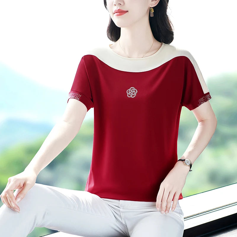 Moeroshe Women's Casual Patchwork O-Neck Tee - Cotton, Classic Style, Summer 2024 Release