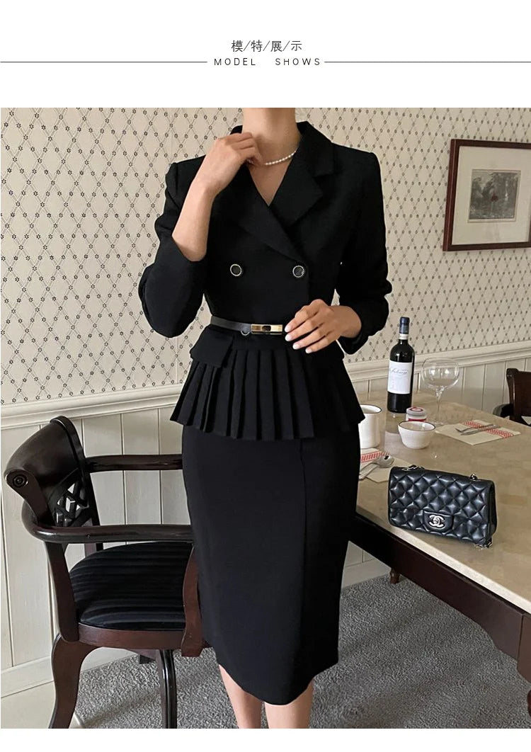 Autumn Spring Office Ladies Two Piece Set Double-Breasted White Ruffles Belt Blazer Tops + Split Pencil Skirt Suit