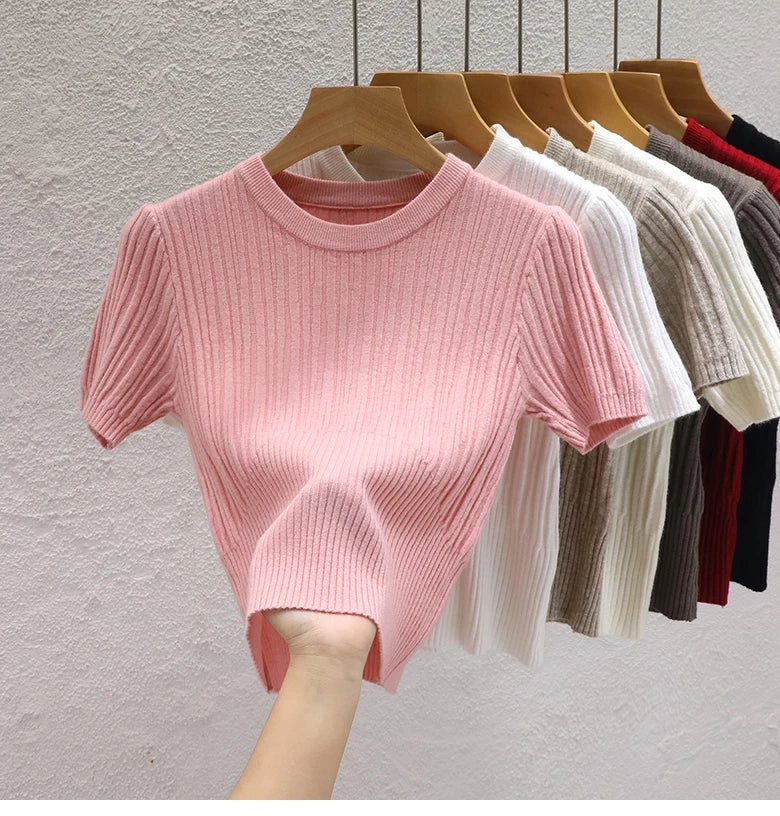 2025 Summer T shirts for Women Casual Korean Knit Streetwear Basic Solid Young Cool Tops