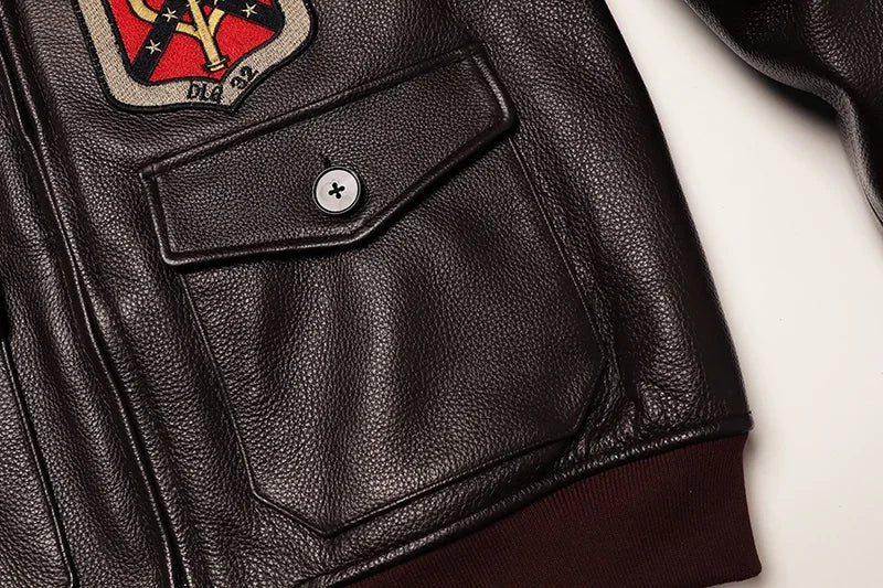 NoEnName_Null Men’s Military Style Cow Leather Jacket – Winter Outerwear with Zippers and Turn-Down Collar