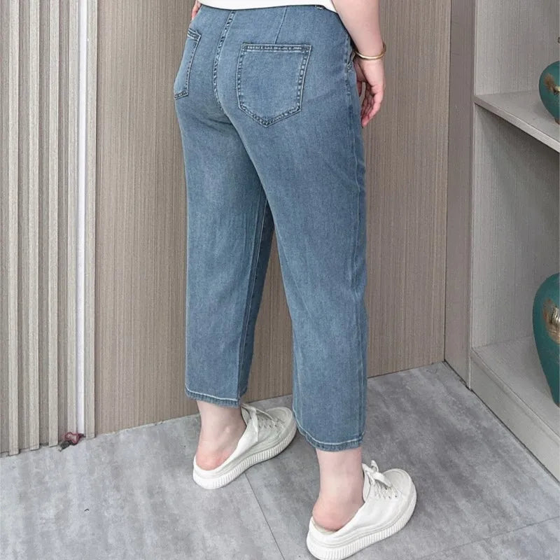 BISENMADE Women's High-Waist Slim Fit Stripe Harem Jeans with Pockets – Ankle-Length for Spring/Summer