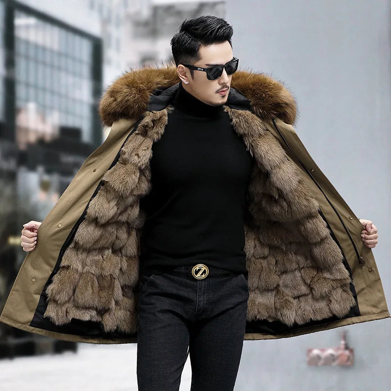 FURTJY Men's High Street Winter Coat – Real Fox Fur Lining, Raccoon Fur Collar, Zipper Closure, Casual Slim Fit