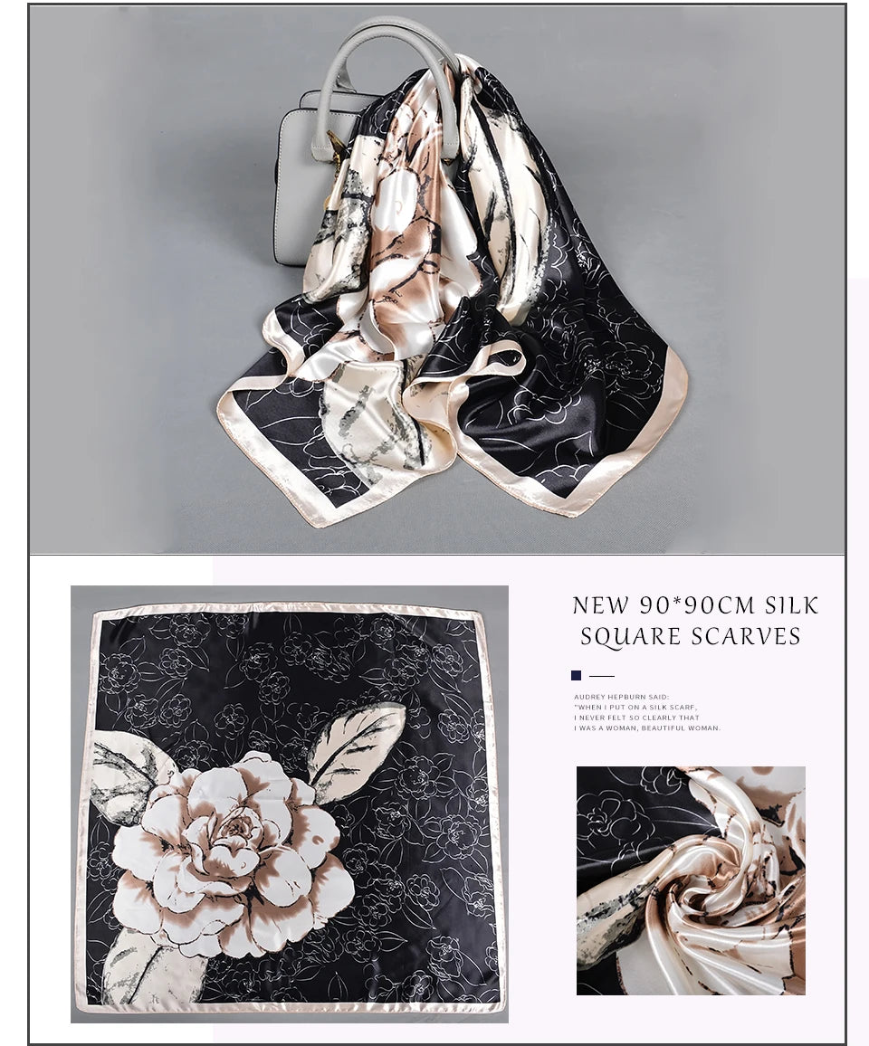 BYSIFA Fashionable Women’s Floral Print Satin Square Scarf – Stylish and Multifunctional for All Seasons