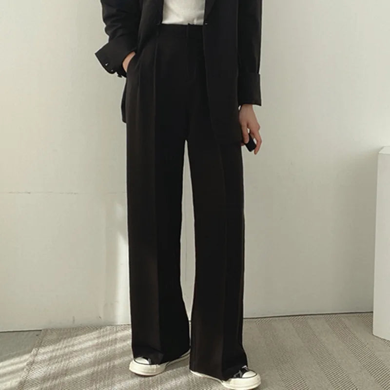 eDressU Women's Casual High-Waist Wide Leg Pant Suit - Full Length, Loose Fit, Shawl Collar, Pockets, All-Season Polyester
