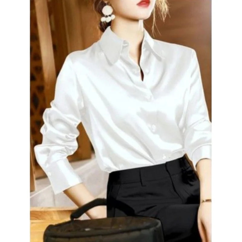 SUYISODA Women's Casual Satin Shirt - Office Lady Style with Button Decoration & Turn-down Collar