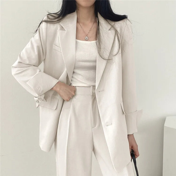 eDressU Women's Casual High-Waist Wide Leg Pant Suit - Full Length, Loose Fit, Shawl Collar, Pockets, All-Season Polyester