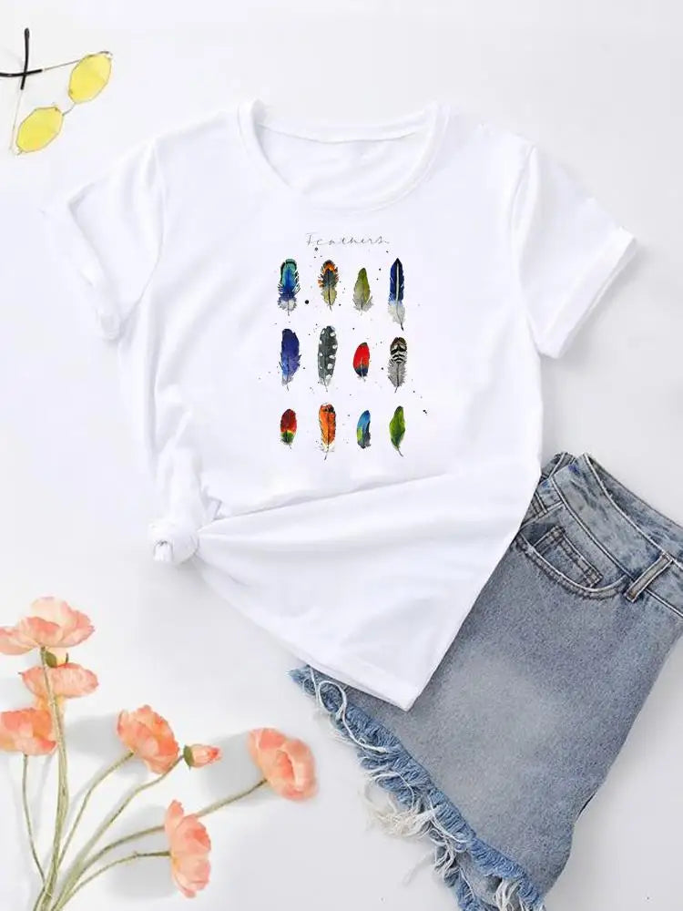 NoEnName_Null Women's Cartoon Print Casual O-Neck T-shirt – Summer Top