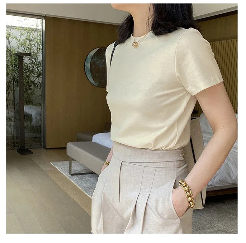 Women's Solid O-Neck Loose Fit Knit Tee – Summer 2025 | Office Lady Style by NoEnName_Null