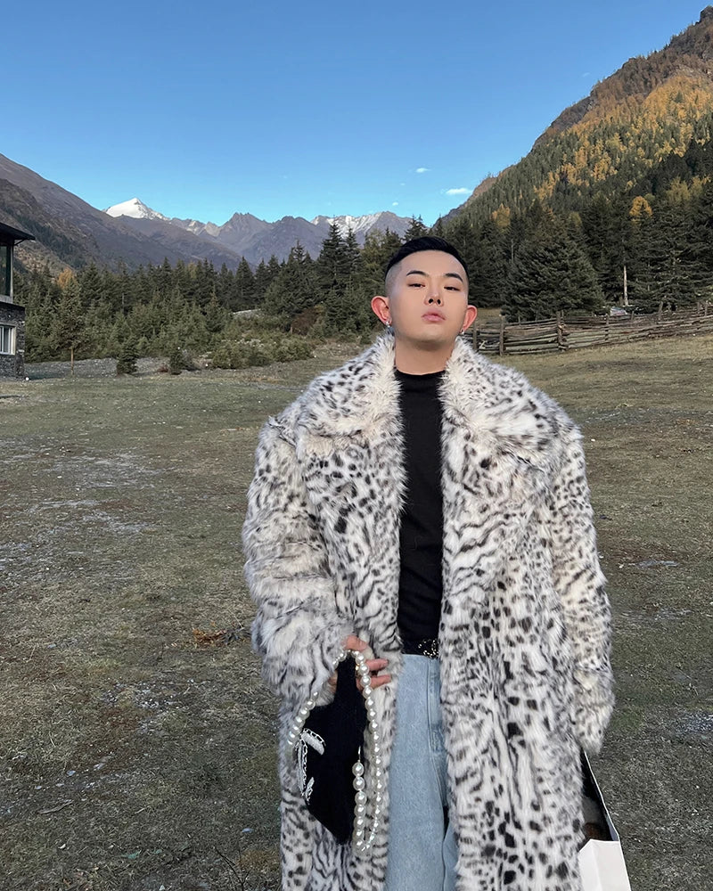 Mauroicardi Men’s Casual Leopard Faux Fur Winter Coat - Single-Breasted, Long-Length with Pockets