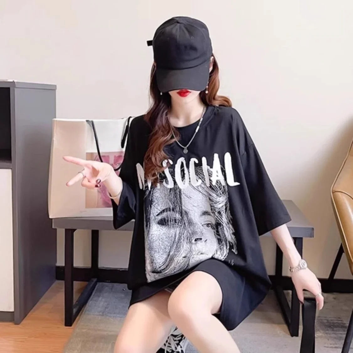 Shangkaka Women’s Casual Letter Print T-Shirt – Cotton Polyester Blend | Loose Fit, O-Neck, Half Sleeve | Summer 2025