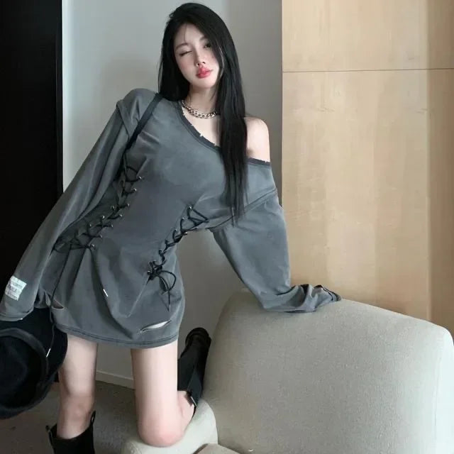 NoEnName_Null Y2K Style A-Line Mini Dress with Diagonal Collar and Bandage Detail - Autumn/Winter Fashion for Women