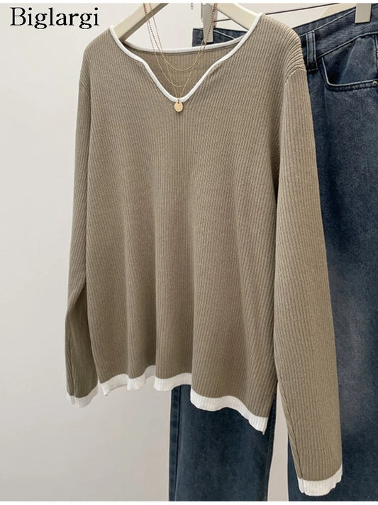 BigLargi Women's Loose Fit V-Neck Casual Shirt – Autumn/Winter Collection