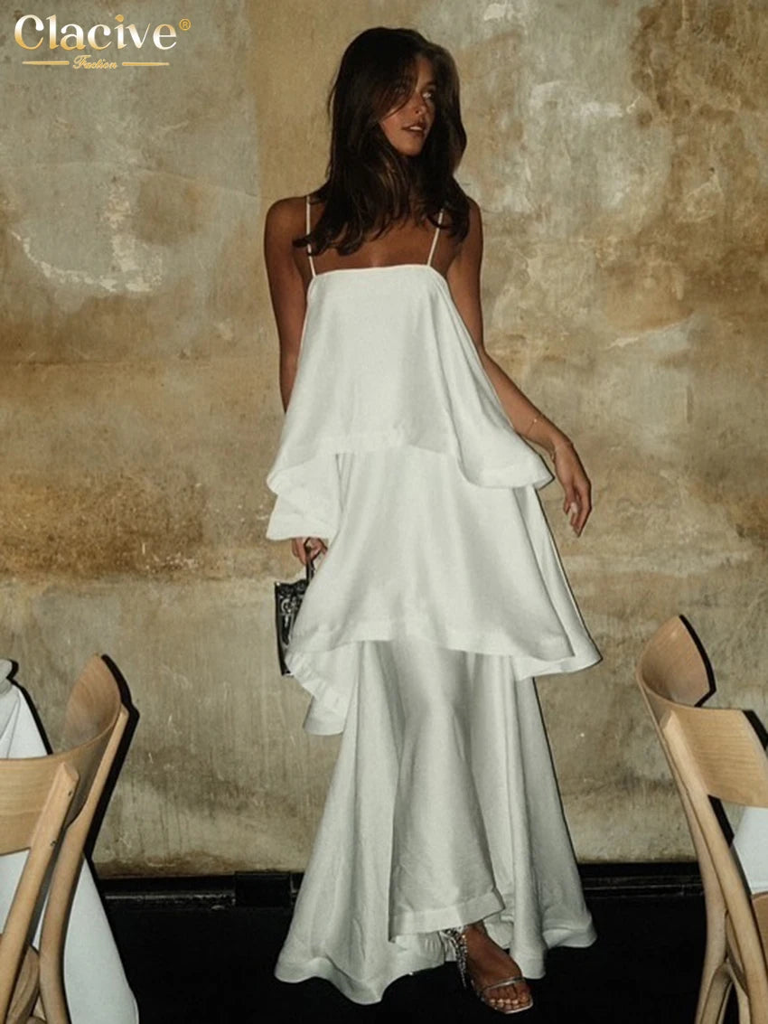 Clacive Women's Elegant White Satin Pleated Sleeveless Ankle-Length Dress (LYQ15963J)