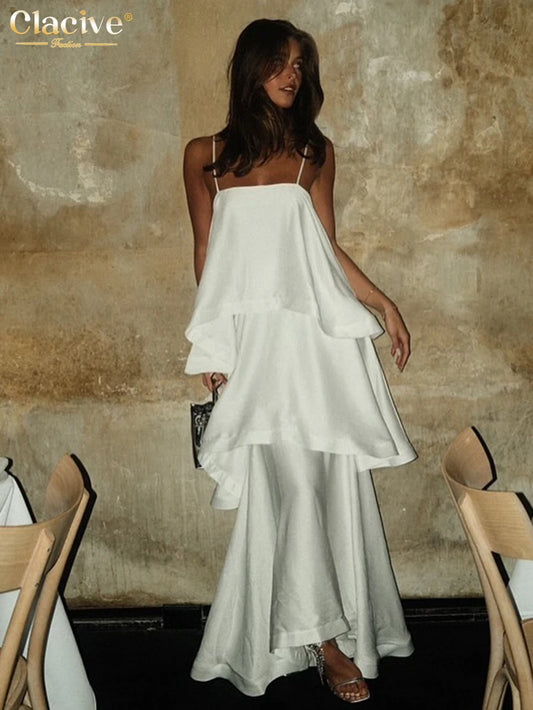 Clacive Women's Elegant White Satin Pleated Sleeveless Ankle-Length Dress (LYQ15963J)