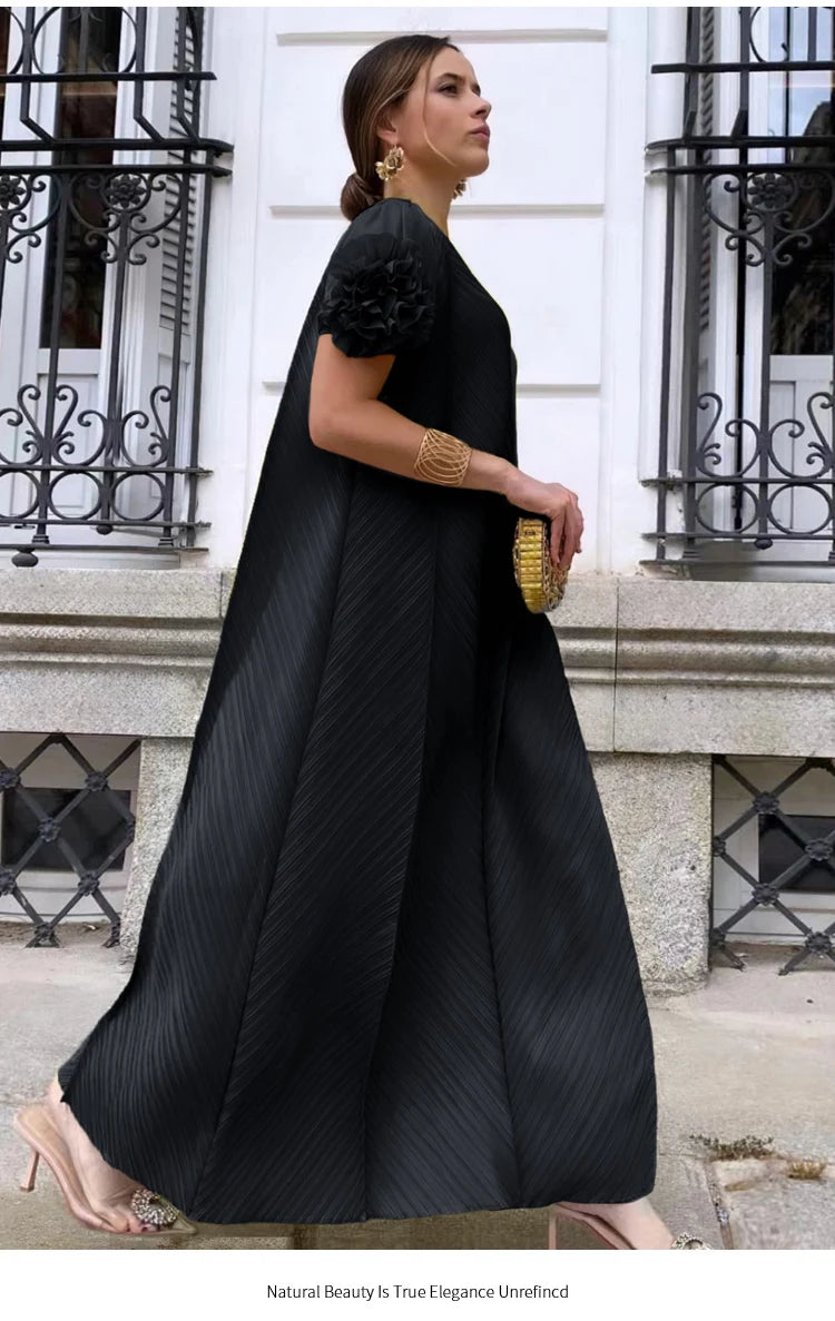 NoEnName_Null Women’s Asymmetrical Neckline A-Line Pleated Long Skirt Dress – Casual Retro Style, Mid-Calf Length