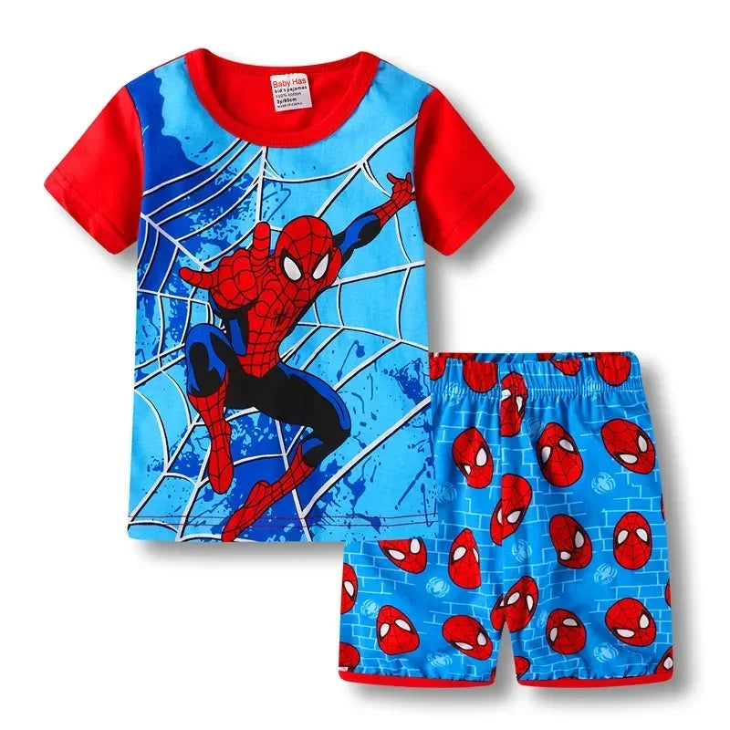 MINISO Kids Cartoon Pajama Sets – Short Sleeve Summer Outfits for Boys & Girls (Spiderman, Iron Man, Mickey, Elsa & More)