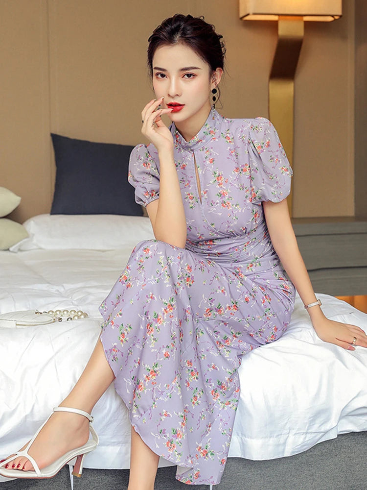 MingJieBiHuo Women's Sweet Asymmetrical Print Dress with Puff Sleeves – Summer Collection