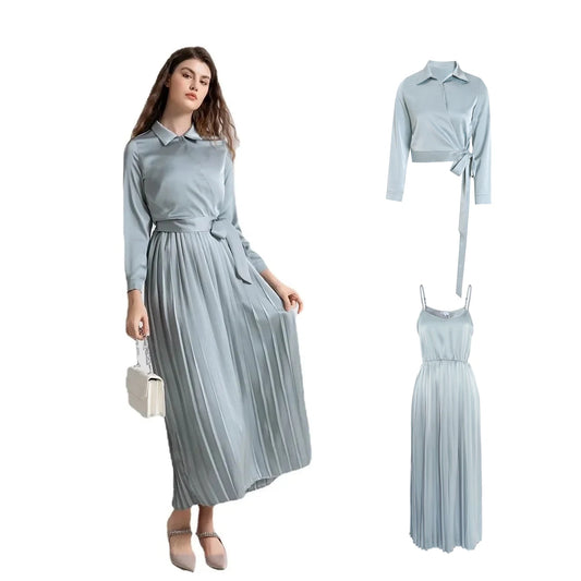 SOUTH TAO Satin A-Line Dress for Women – Elegant Draped Full-Sleeve Midi Dress