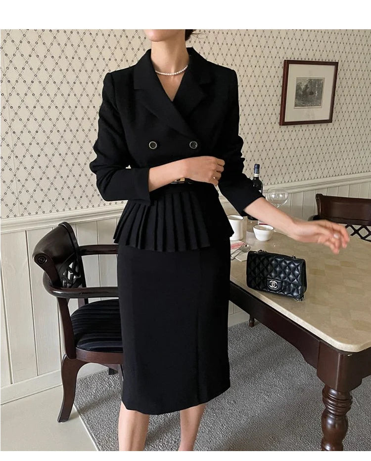 Autumn Spring Office Ladies Two Piece Set Double-Breasted White Ruffles Belt Blazer Tops + Split Pencil Skirt Suit