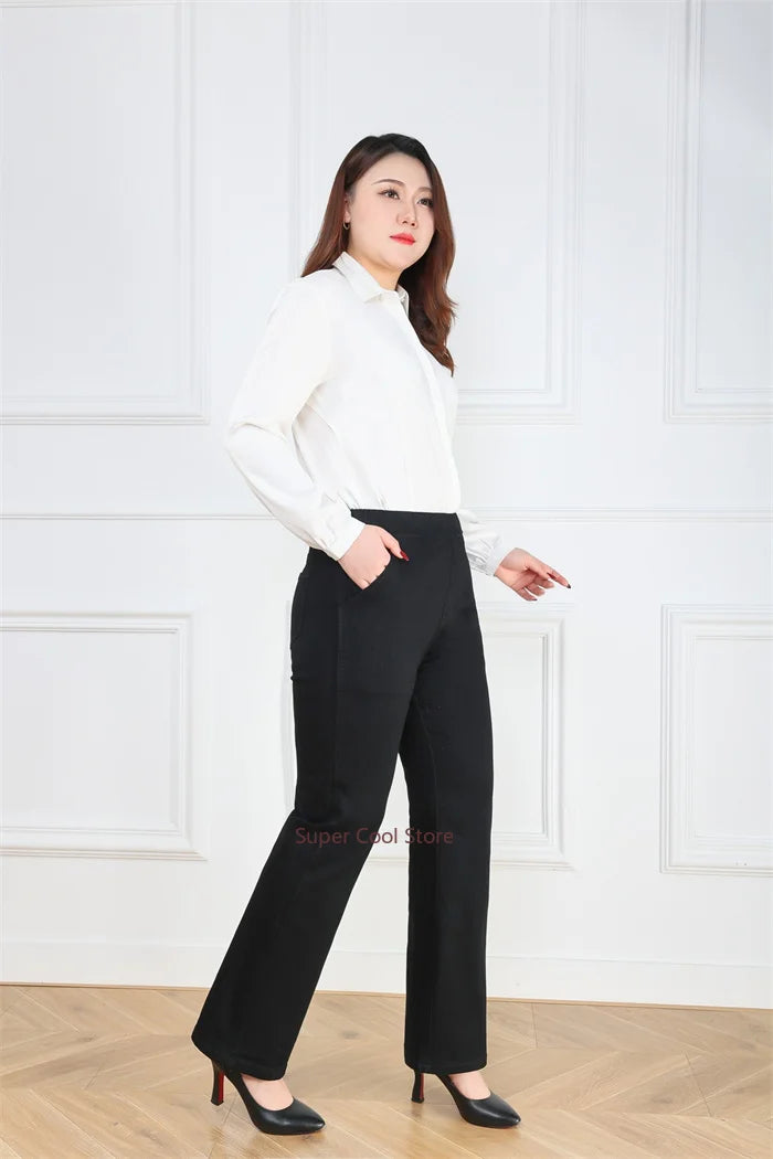 NoEnName_Null Women's High-Waist Cotton Elastic Denim Straight-Leg Jeans with Pockets – Autumn/Winter