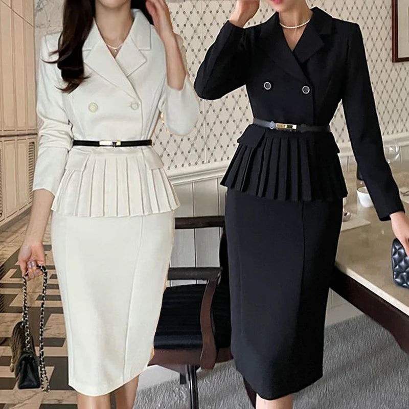 Autumn Spring Office Ladies Two Piece Set Double-Breasted White Ruffles Belt Blazer Tops + Split Pencil Skirt Suit
