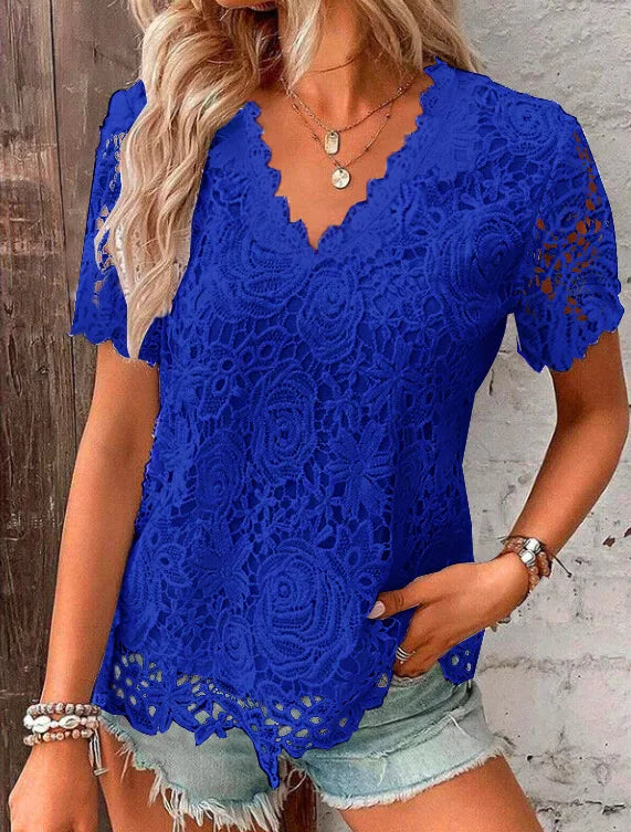 Women's Lace-Decorated Casual Tee – Spring/Summer Regular Fit Top by NoEnName_Null