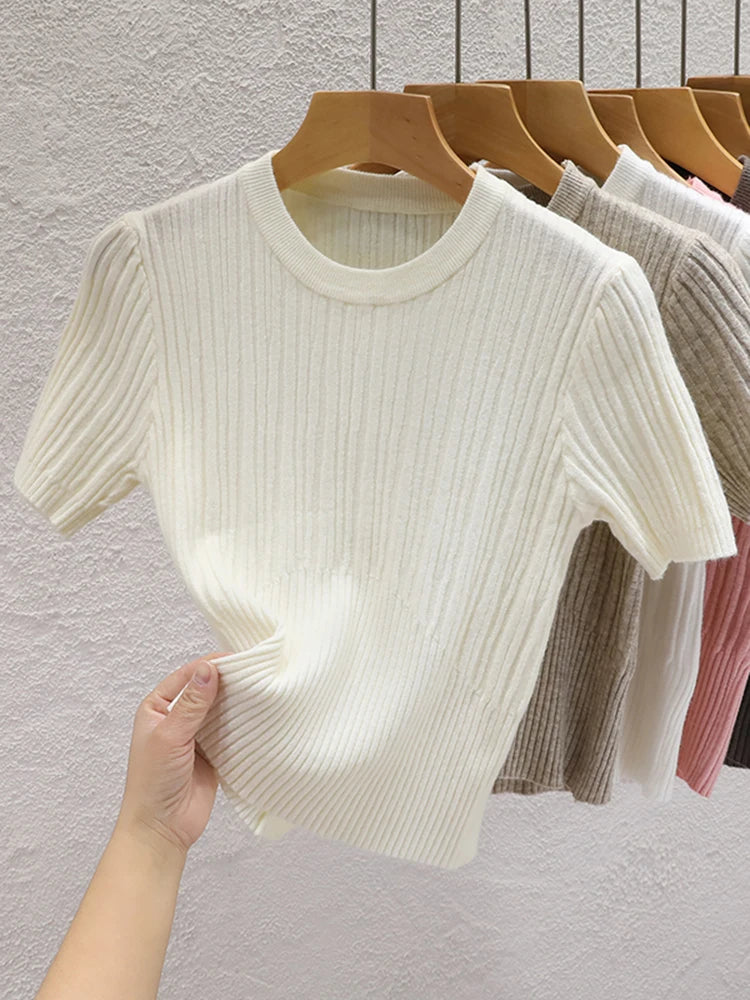2025 Summer T shirts for Women Casual Korean Knit Streetwear Basic Solid Young Cool Tops