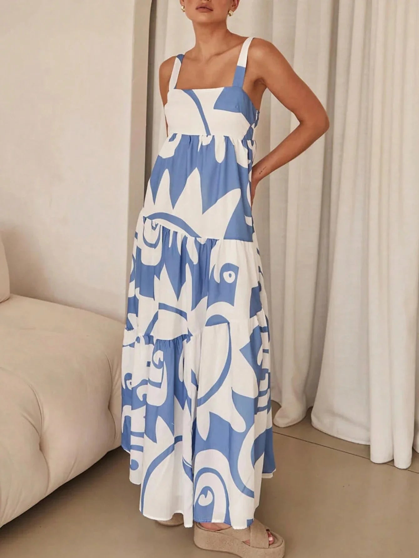 NoEnName_Null Women's Casual Ankle-Length Printed Dress with Spaghetti Straps – Spring/Summer Collection