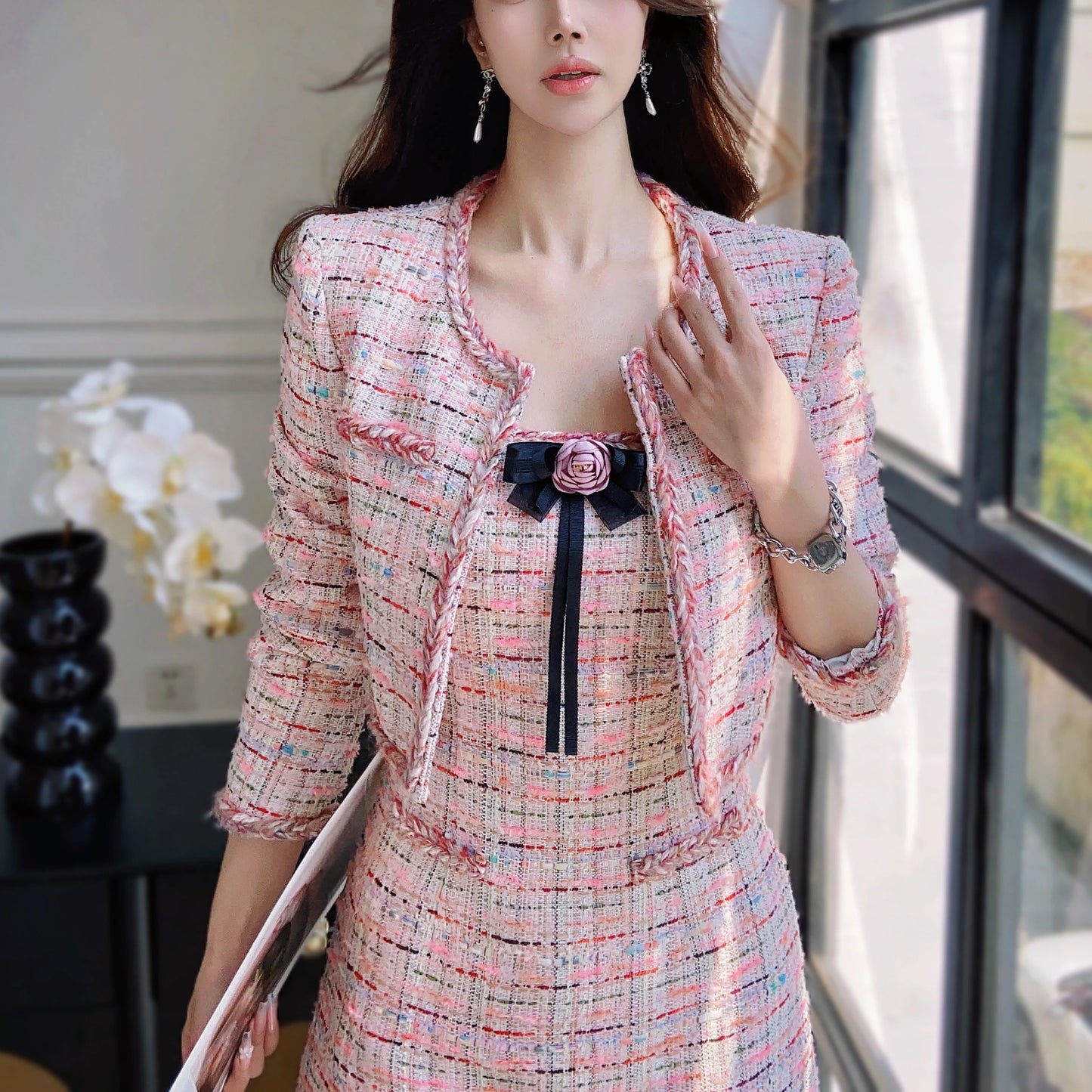 Dabuwawa Women's England Style Plaid A-Line Dress with Tassel, Button, and Patchwork Details – Autumn/Winter Collection