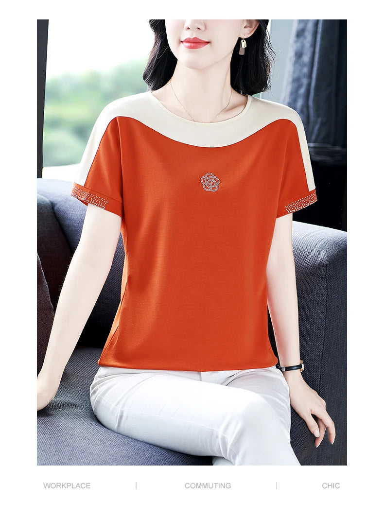 Moeroshe Women's Casual Patchwork O-Neck Tee - Cotton, Classic Style, Summer 2024 Release