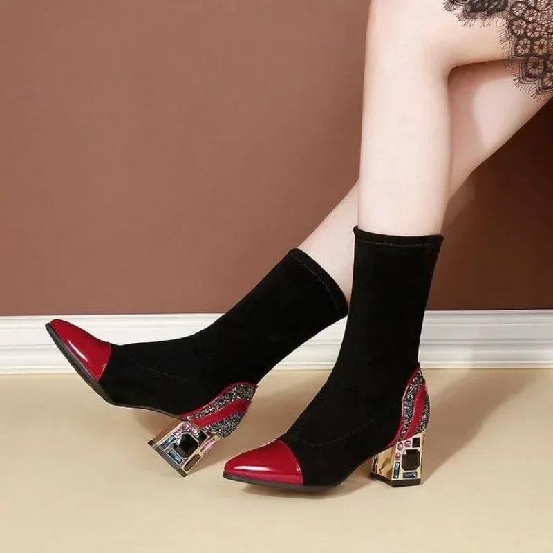 Shangkaka Women's Mid-Calf Sock Boots – Crystal Detailing, Pointed Toe, High Square Heel