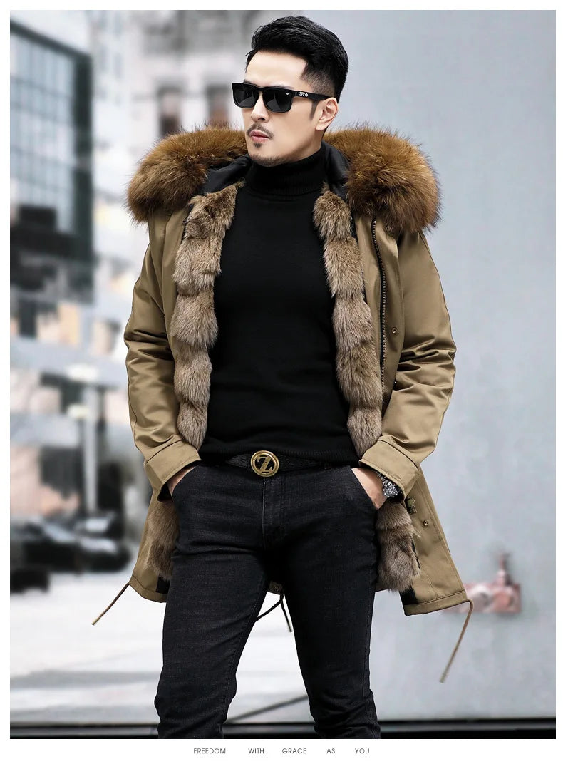 FURTJY Men's High Street Winter Coat – Real Fox Fur Lining, Raccoon Fur Collar, Zipper Closure, Casual Slim Fit