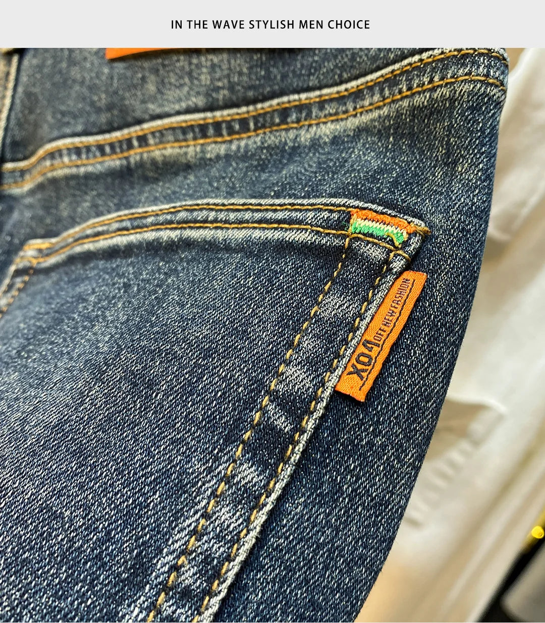 MXKSKV Men’s Slim Fit Straight-Leg Jeans. Distressed Stonewashed Denim with Badge Detail