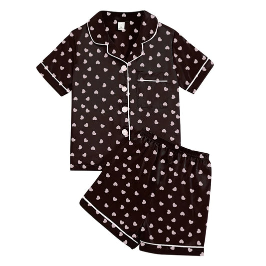 NoEnName_Null Girls' Satin V-Neck Print Sleepwear - Comfortable Summer Pajamas