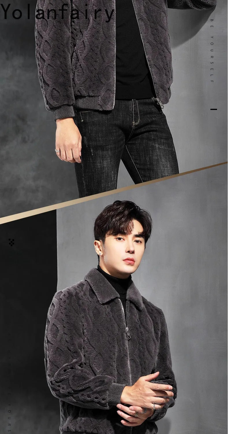 YOLANFAIRY Men's Luxury Real Fur Winter Jacket – Slim Fit, Full Sleeves, Zipper Closure, Casual Beach Style