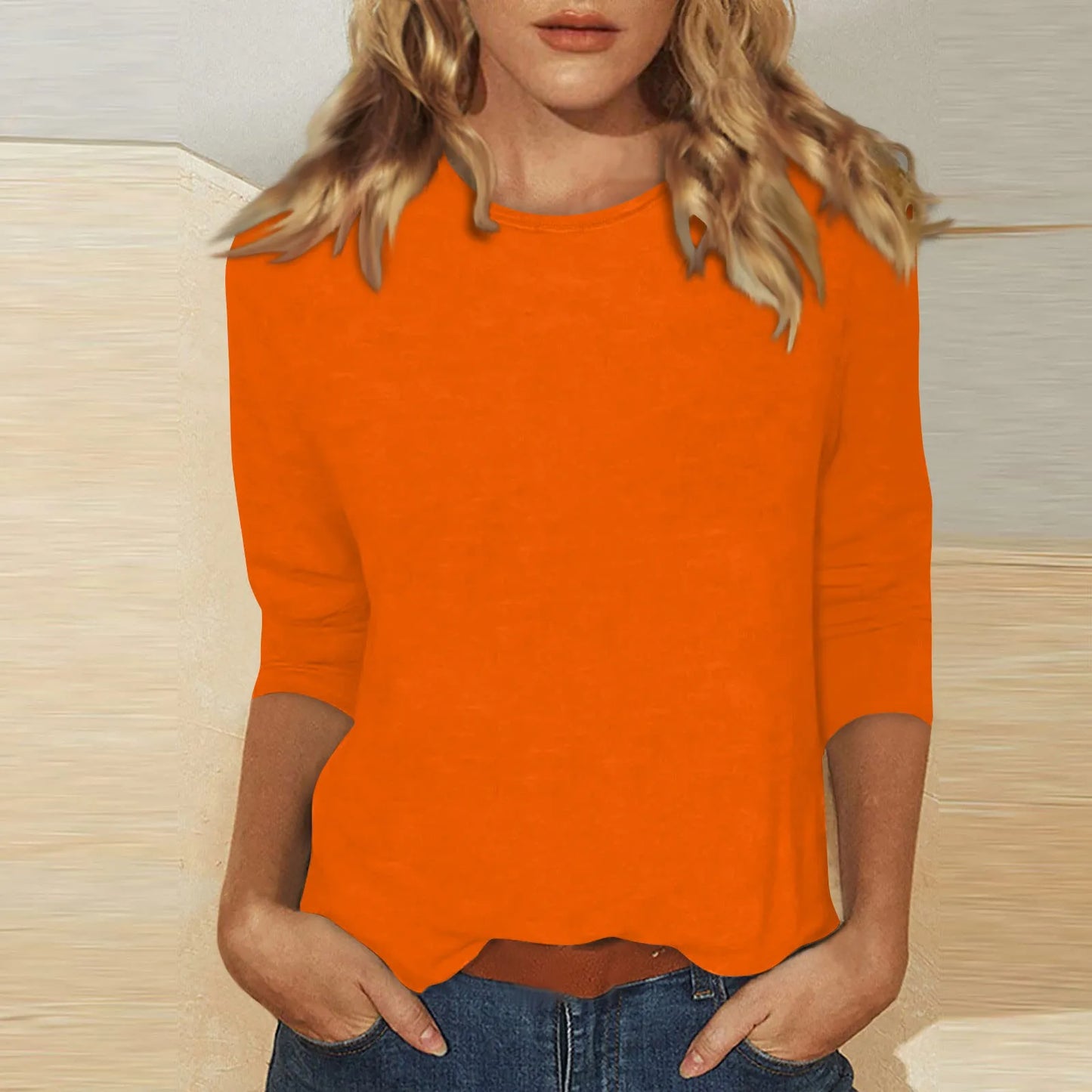 Women's Summer T-Shirts 2024 Fashion Casual Everyday Versatile O-Neck 3/4 Length Sleeve Tops Solid Color T-Shirt Tops Plus Size