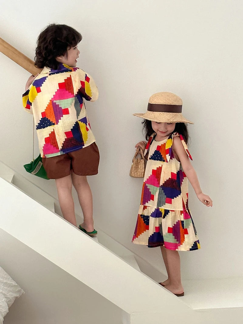 MILANCEL Summer Cotton Clothing Set for Kids (Ages 4-6Y) – Unisex Vacation Outfit with Printed Shirt and Shorts