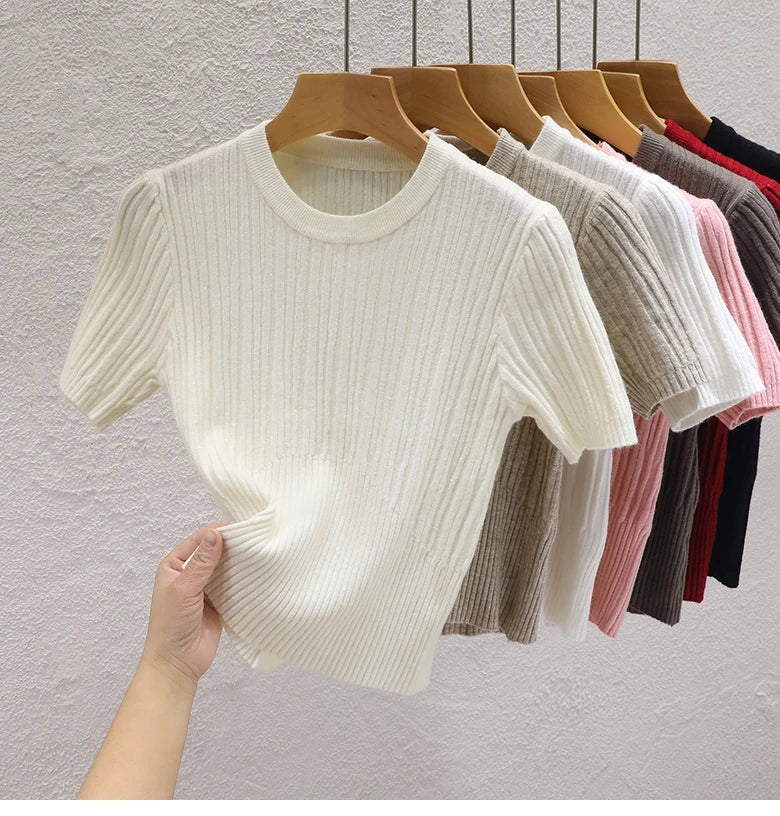 2025 Summer T shirts for Women Casual Korean Knit Streetwear Basic Solid Young Cool Tops