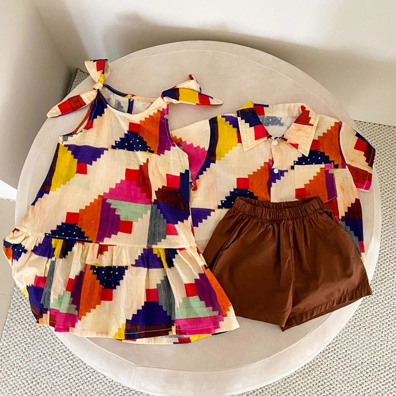 MILANCEL Summer Cotton Clothing Set for Kids (Ages 4-6Y) – Unisex Vacation Outfit with Printed Shirt and Shorts