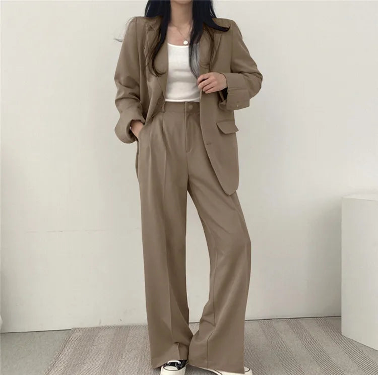 eDressU Women's Casual High-Waist Wide Leg Pant Suit - Full Length, Loose Fit, Shawl Collar, Pockets, All-Season Polyester