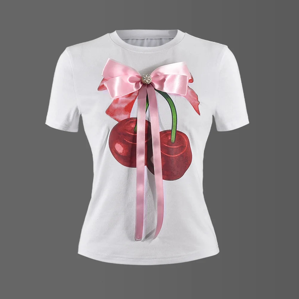 SELERIT Y2K Floral Bow-Detail O-Neck Tee for Women Fairy Tale Inspired Spring/Summer Top (Slight Stretch)