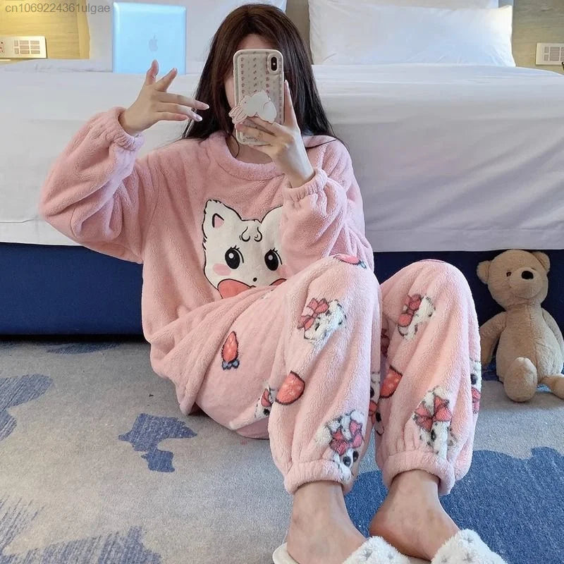 MINISO Korean Style Women's Autumn/Winter Hello Kitty Cartoon Fleece Pullover & Ankle-Length Sleepwear Set