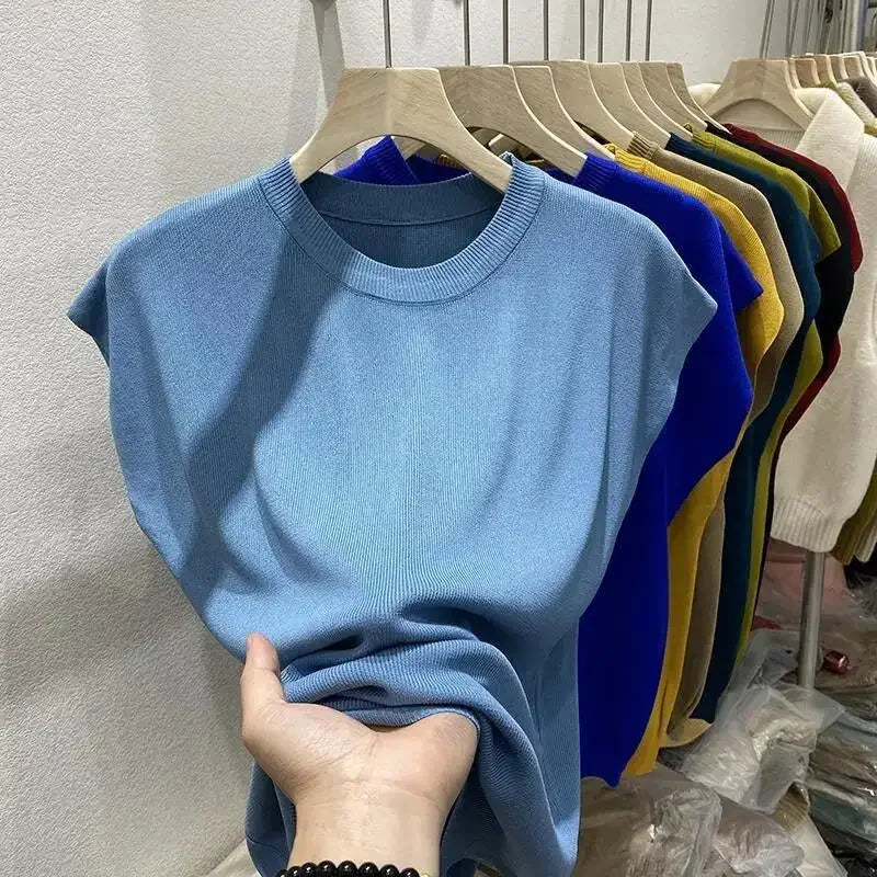 Women's T-Shirts 2024 Summer Ice Silk Knitted Tees Casual Solid Tops Purple Blue Fashion O Neck Short Sleeved Blouse for Women