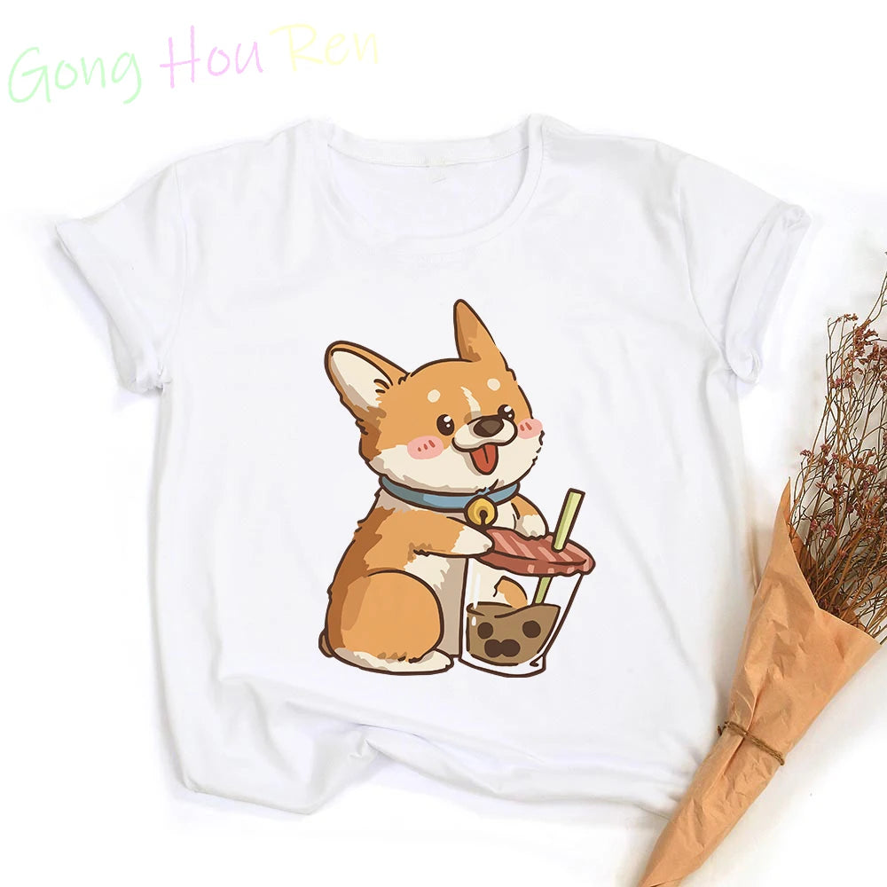 Gong Hou Ren Women’s Corgi Cartoon Graphic T-Shirt – Summer 2024 Collection