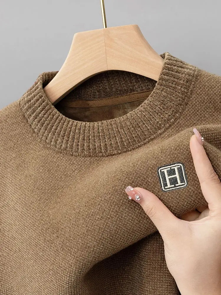 Autumn Winter Warm Fleece Men Sweater - Casual Pullover with Embroidery