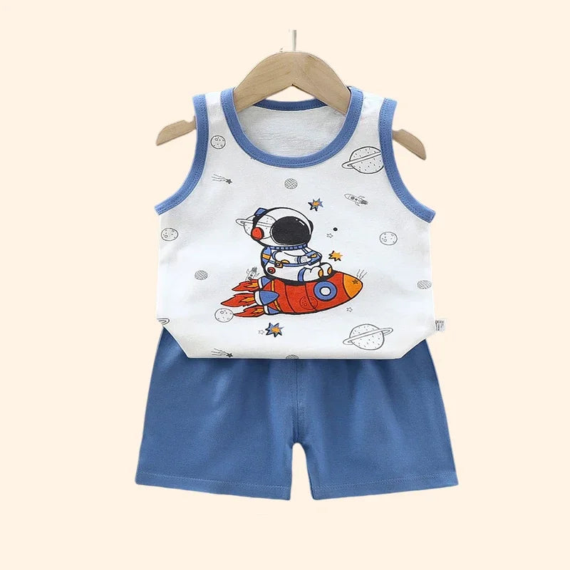 NoEnName_Null Unisex Baby Cartoon Print Pullover Shorts Set for Toddlers (Ages 1-3Y)