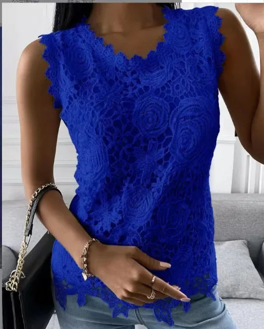 Women's Lace-Decorated Casual Tee – Spring/Summer Regular Fit Top by NoEnName_Null