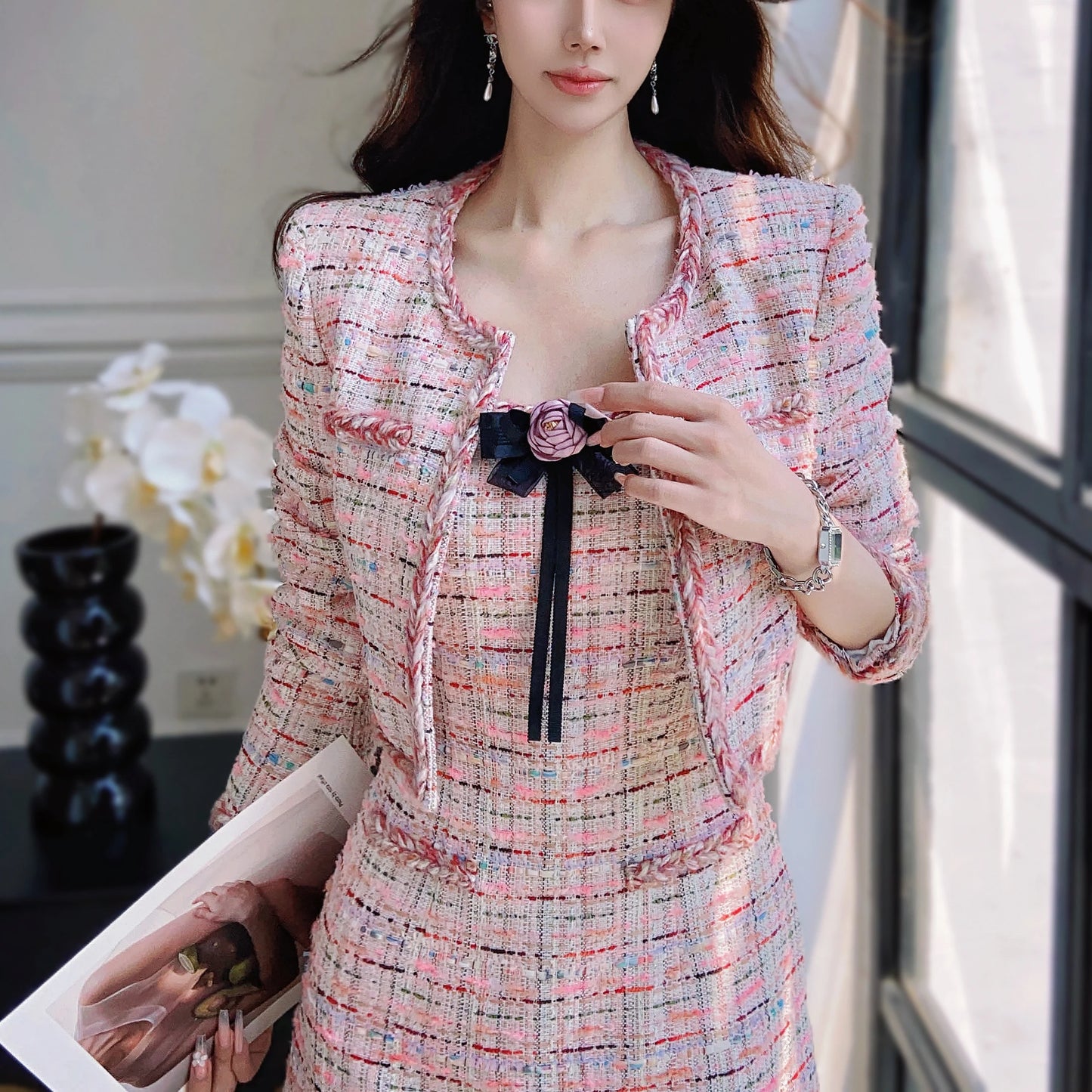 Dabuwawa Women's England Style Plaid A-Line Dress with Tassel, Button, and Patchwork Details – Autumn/Winter Collection