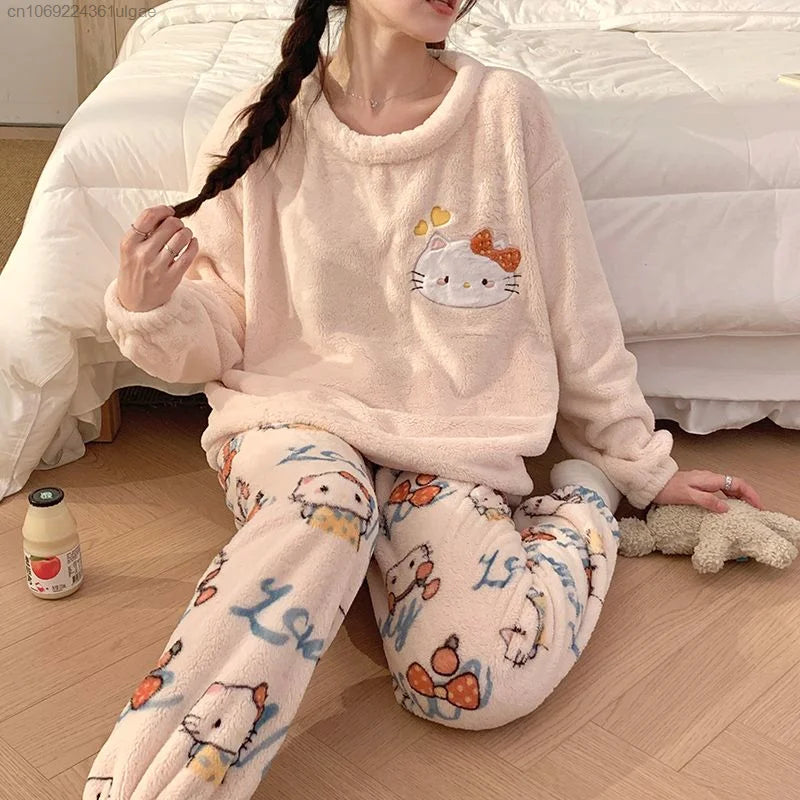 MINISO Korean Style Women's Autumn/Winter Hello Kitty Cartoon Fleece Pullover & Ankle-Length Sleepwear Set