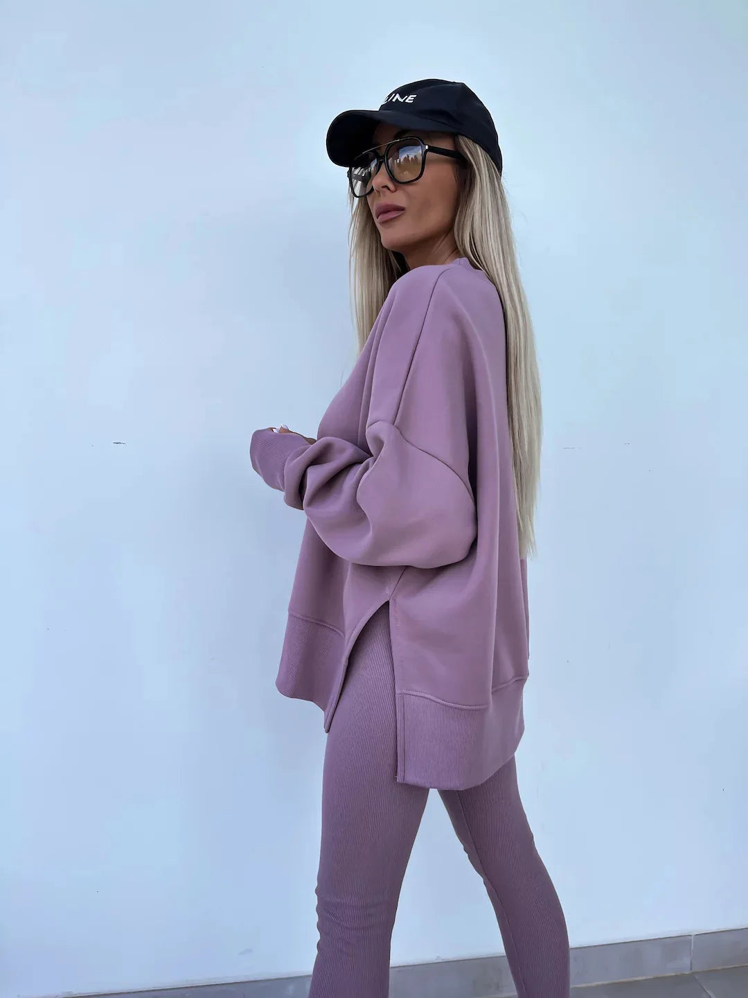 NoEnName_Null Women's Casual Pullover Set - Solid Color, Mid Waist, Full Sleeve - Autumn/Winter 2024